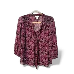 Ann Taylor Loft Sheer Work‎ Blouse w/ Tie Closure Black/Purple/Grey Women's Sm